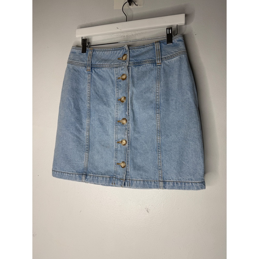 Sezane Denim Mini Skirt Light Wash Blue Button Front Organic Cotton Size 38